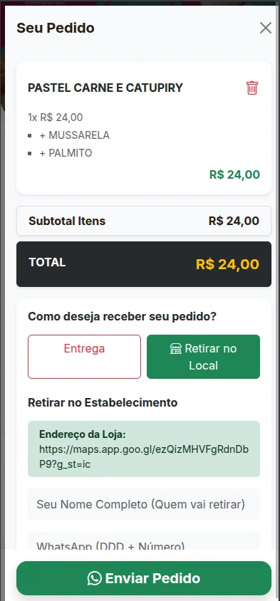 Carrinho do cardápio com um pastel de carne e catupiry, escolha entre entrega e retirada, e o botão de enviar pedido.