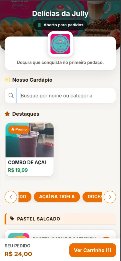 Cardápio digital da Delícias da Jully no celular, com destaques, categorias e a sacola com R$ 24,00.