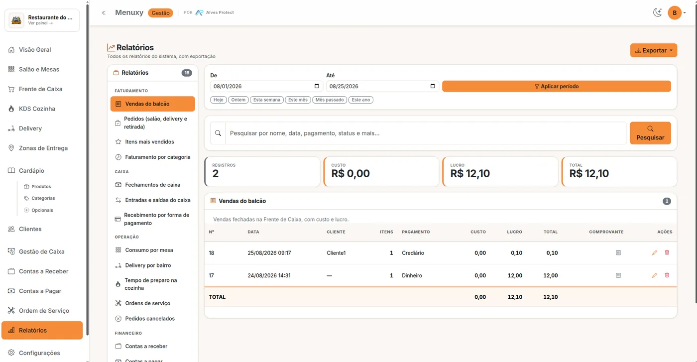 Central de relatórios com a lista dos 16 relatórios e a tabela de vendas com custo, lucro e total.